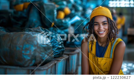 Volunteer against the background of containers with collected garbage on the shore of the bay, problems of ocean pollution and waste recycling Volunteer against the background of containers with collected garbage on the shore of the bay, problems of ocean pollution and waste recycling 122230627