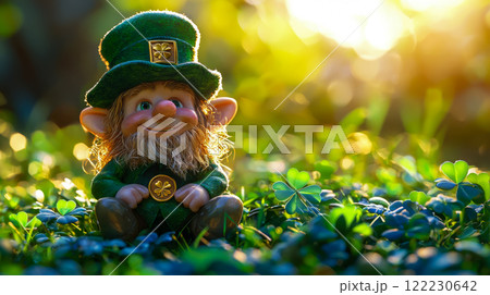 Poster with leprechaun sitting on a field of clovers holding a gold coin, 3D St. Patrick's Day card. 122230642