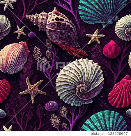 Seamless marine pattern with colorful seashells and starfish on a beach-inspired background	 122230647