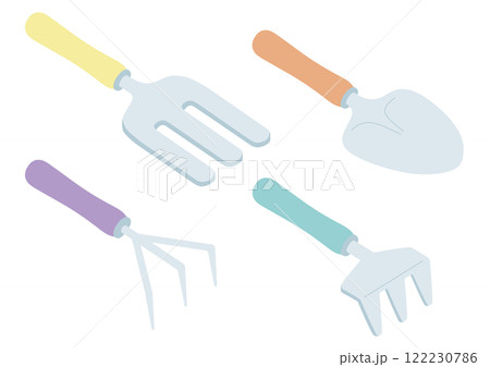 パステルカラーの園芸用品セット：シャベル・フォーク（主線なし／斜めアングル） 122230786