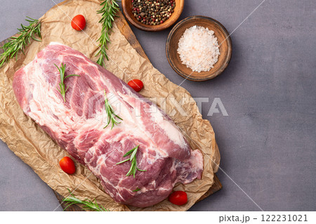 Neck of raw pork meat . Top view 122231021