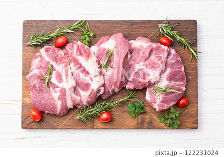 Neck of raw pork meat . Top view 122231024