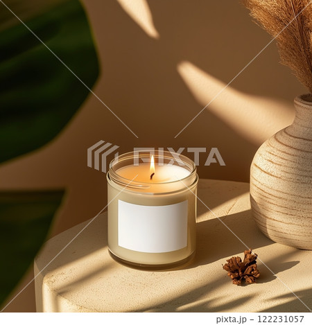 Clear glass jar candle mockup, scented candle jar with blank white label, styled interior candle design template 122231057