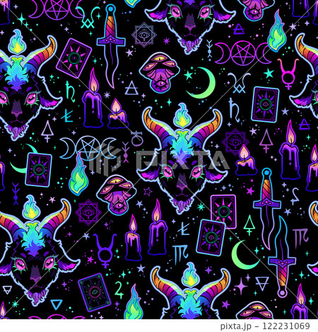 Seamless vector pattern. Cartoon devil head and magic items Seamless vector pattern. Cartoon devil head and magic items 122231069