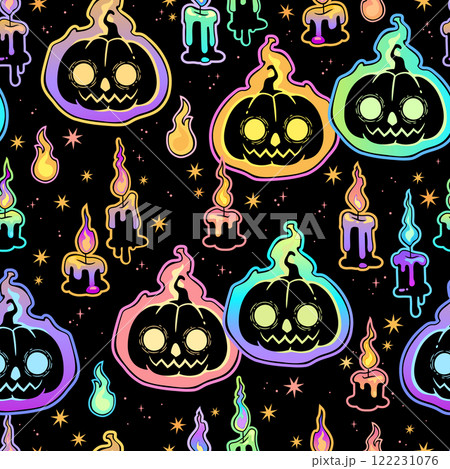 Pattern of bright and burning smiling Halloween pumpkins and burning candles. Vector seamless illustration Pattern of bright and burning smiling Halloween pumpkins and burning candles. Vector seamless illustration 122231076
