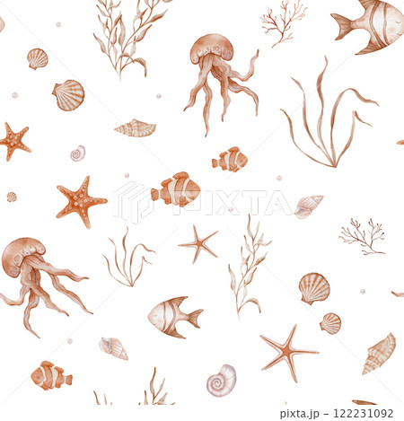 Seamless Pattern with Undersea animals. Hand drawn watercolor illustration with sea starfish and jellyfish. Repeat ornament with seaweed plant and sea shell for textile design or wrapping paper. 122231092