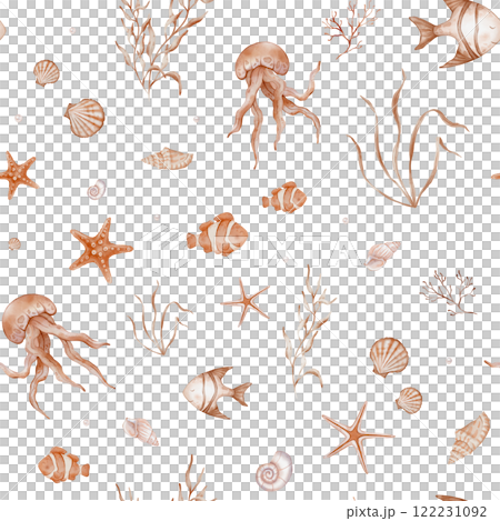 Seamless Pattern with Undersea animals. Hand drawn watercolor illustration with sea starfish and jellyfish. Repeat ornament with seaweed plant and sea shell for textile design or wrapping paper. 122231092