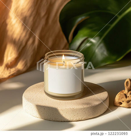 Clear glass jar candle mockup, scented candle jar with blank white label, styled interior candle design template Clear glass jar candle mockup, scented candle jar with blank white label, styled interior candle design template 122231093