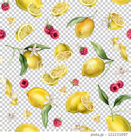 Seamless pattern with watercolor illustration of slice and whole lemon, peel or zest Lemon and raspberry. Repeat ornament Hand painted lemon with green leaf and white flowers on isolated background. Seamless pattern with watercolor illustration of slice and whole lemon, peel or zest Lemon and raspberry. Repeat ornament Hand painted lemon with green leaf and white flowers on isolated background. 122231097