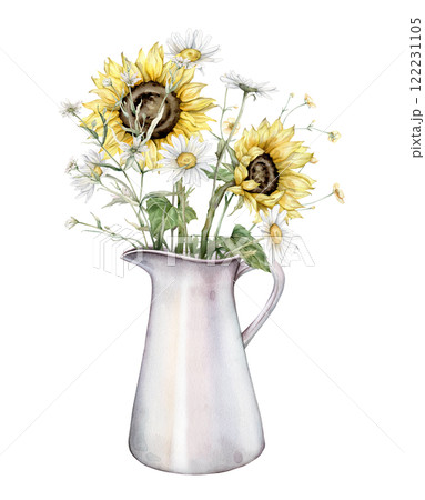 Watercolor bouquet of daisy and sunflower flowers in jug. Watercolor hand drawing illustration on isolated white background. White and yellow botanical plants. Composition from summer meadow in can. Watercolor bouquet of daisy and sunflower flowers in jug. Watercolor hand drawing illustration on isolated white background. White and yellow botanical plants. Composition from summer meadow in can. 122231105