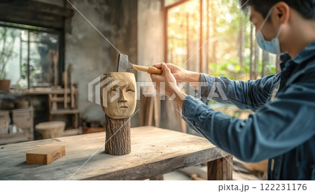 Craftsman carving intricate patterns into wooden mask in workshop Craftsman carving intricate patterns into wooden mask in workshop 122231176
