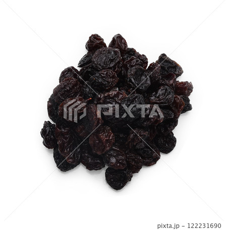 Top view of Dried raisins isolated on white background 122231690