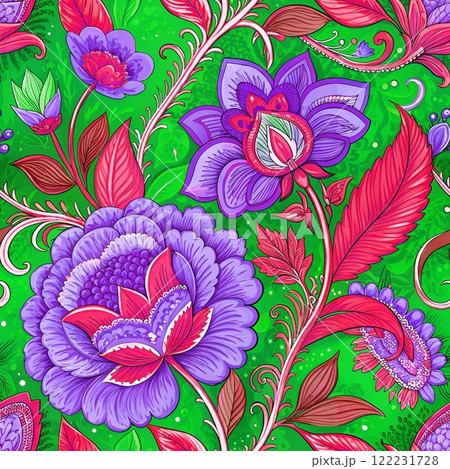Seamless floral pattern with flowers, leaves, and nature-inspired elements in a vintage and ornamental style 122231728