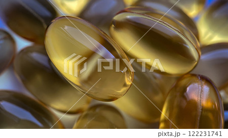 A close up of yellow pills omega 3 122231741