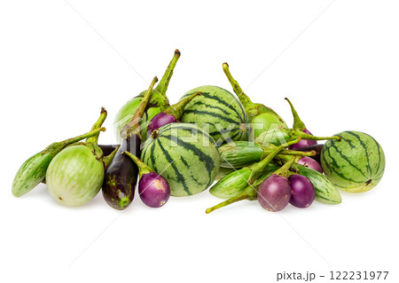 Closeup image of fresh thailand eggplants group isolated at white background. Closeup image of fresh thailand eggplants group isolated at white background. 122231977