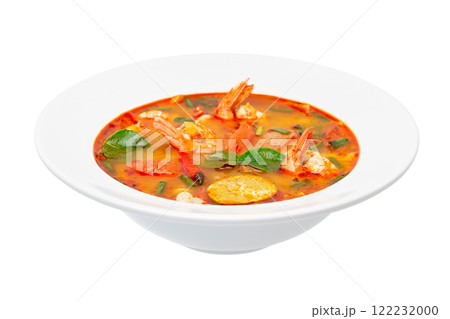 Closeup plate of traditional thai soup - tom yum kung isolated at white background. Closeup plate of traditional thai soup - tom yum kung isolated at white background. 122232000