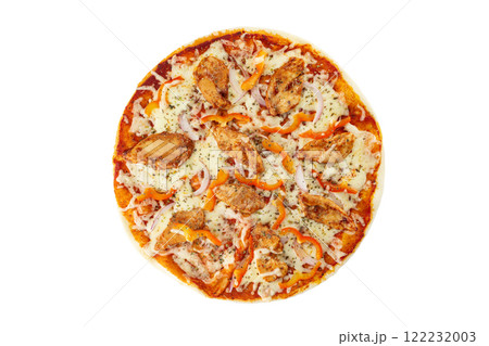 Top view image of italian pizza with cheese, chicken, paprika, onion and tomato isolated at white background. 122232003