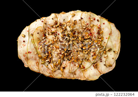 Top view image of Rome pizza with pear slices and nuts isolated at black background. 122232064