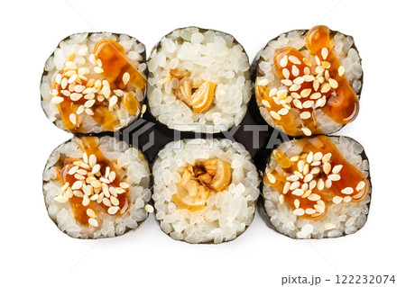 Top view closeup japanese classic sushi rolls with tuna served with teriyaki isolated at white background. Top view closeup japanese classic sushi rolls with tuna served with teriyaki isolated at white background. 122232074