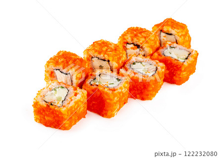 Closeup california sushi rolls set with cucumber, shrimp and orange masago caviar isolated at white background. 122232080