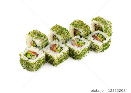Closeup set of sushi rolls with dill, eel and cucumber isolated at white background. Closeup set of sushi rolls with dill, eel and cucumber isolated at white background. 122232084