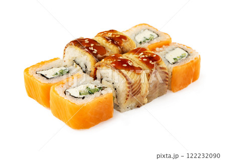 Closeup top view of japanese philadelphia and unagi maki sushi set isolated at white background. 122232090