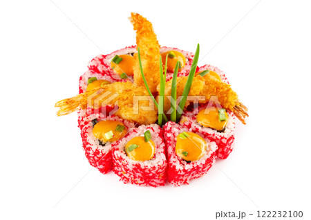 Closeup california sushi rolls set with ced masago caviar served with tempura fried shrimps isolated at white background. 122232100