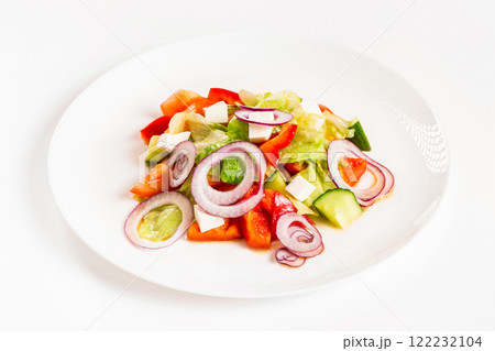 Plate of fresh vegetable salad at white isolated background. 122232104