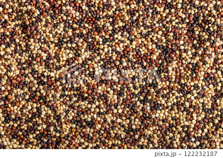 Mixed uncooked quinoa seeds. Top view. 122232187