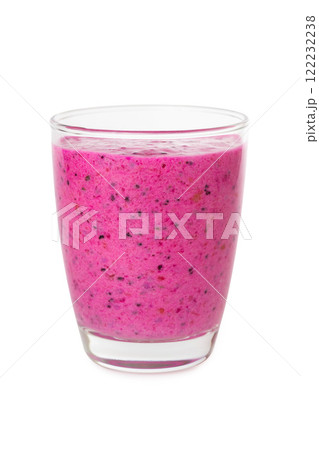Vertical image of glass of red dragon fruit with coconut milk super food smoothie isolated at white background. Concept of healthy vegan lifestyle. Vertical image of glass of red dragon fruit with coconut milk super food smoothie isolated at white background. Concept of healthy vegan lifestyle. 122232238