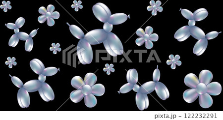 3d Chrome Balloon Dog and Daisy seamless pattern. Holographic Helium Balloon in the shape of a puppy in y2k cartoon style on black background. Metallic sculpture toys. Future galaxy bubble art.. 3d Chrome Balloon Dog and Daisy seamless pattern. Holographic Helium Balloon in the shape of a puppy in y2k cartoon style on black background. Metallic sculpture toys. Future galaxy bubble art.. 122232291
