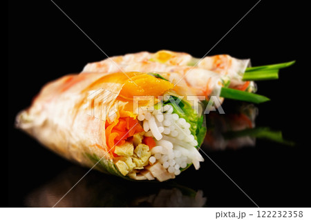Closeup image of goi cuon spring rolls with shrimps, onion, mango, pork and noodles isolated at black background. Traditional vietnamese food. Closeup image of goi cuon spring rolls with shrimps, onion, mango, pork and noodles isolated at black background. Traditional vietnamese food. 122232358