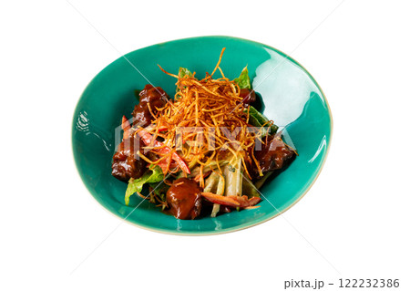 Plate of warm spicy salad with beef bbq, romano leaves and crispy pai potato isolated at white background. 122232386