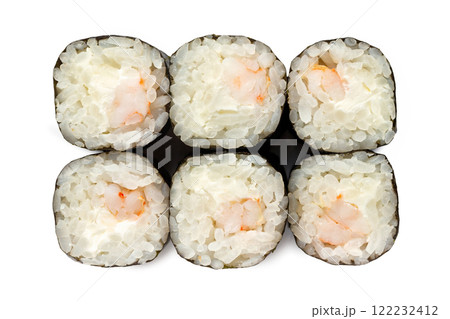 Top view closeup japanese classic sushi rolls with shrimp isolated at white background. 122232412