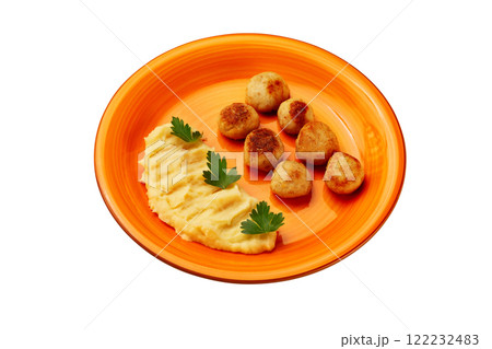 Plate of sweden meatballs and mashed potato for children menu isolated at white background. 122232483