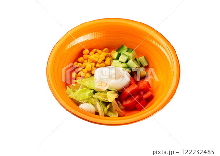 Plate of fresh vegetables vegetarian salad with cucumber, tomato, corn and egg isolated at white background. Plate of fresh vegetables vegetarian salad with cucumber, tomato, corn and egg isolated at white background. 122232485