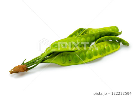 Closeup image of asian bitter green beans known as twisted cluster bean isolated at white background. 122232594