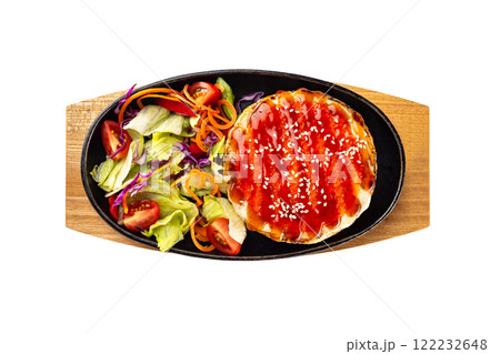 Pan of steamed asian rice with teriyaki sauce and fresh vegetables at wooden board isolated at white background. Pan of steamed asian rice with teriyaki sauce and fresh vegetables at wooden board isolated at white background. 122232648