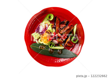 Top view plate of fried eggplants with fresh summer vegetables isolated at white background. Top view plate of fried eggplants with fresh summer vegetables isolated at white background. 122232662