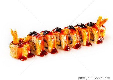Top view japanese sushi rolls with salmon, cream cheese, shrimps, masago and teriyaki isolated at white background. Top view japanese sushi rolls with salmon, cream cheese, shrimps, masago and teriyaki isolated at white background. 122232676
