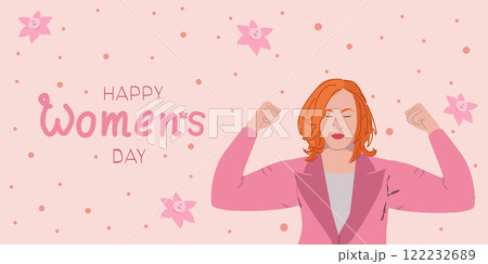 Happy Womens Day. Woman in pink showing her biceps.  122232689