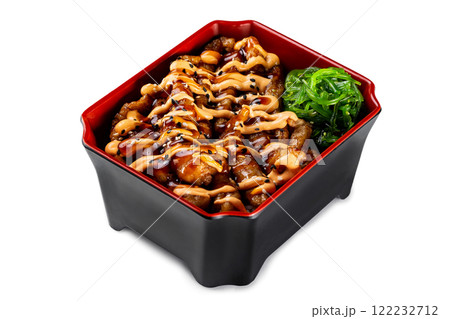 Traditional asian meal - fried chicken served with teriyaki sauce, sesame and chuka salad isolated at white background. Traditional asian meal - fried chicken served with teriyaki sauce, sesame and chuka salad isolated at white background. 122232712