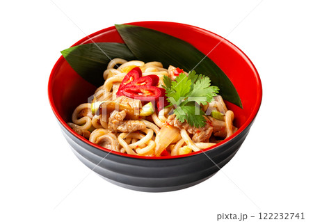 Closeup bowl of thai food - ramen noodles with grilled pork and vegetables isolated at white background. Closeup bowl of thai food - ramen noodles with grilled pork and vegetables isolated at white background. 122232741