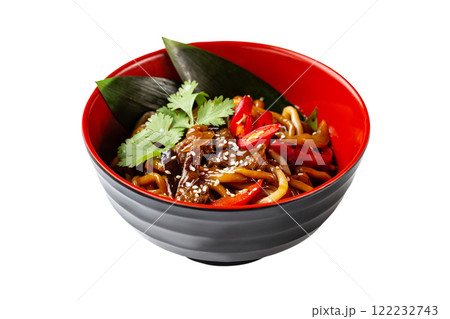 Closeup bowl of thai food - ramen noodles with grilled chicken and vegetables isolated at white background. 122232743