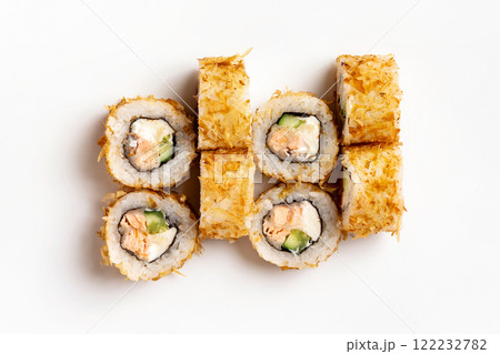 Top view set of sushi rolls with cucumber, cheese and salmon isolated at white background. Top view set of sushi rolls with cucumber, cheese and salmon isolated at white background. 122232782