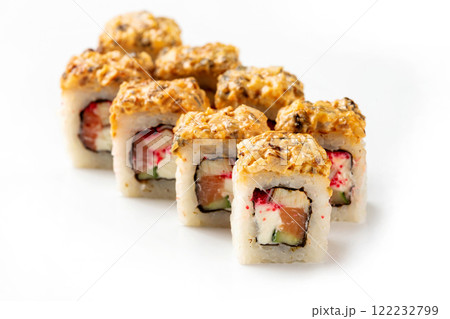 Japanese sushi rolls with eel, salmon, cream cheese and tamago isolated at white background. 122232799