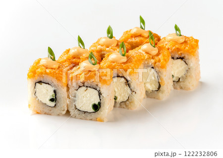 Japanese sushi rolls with cream cheese and onion decorated with hot cheese lava isolated at white background. Japanese sushi rolls with cream cheese and onion decorated with hot cheese lava isolated at white background. 122232806
