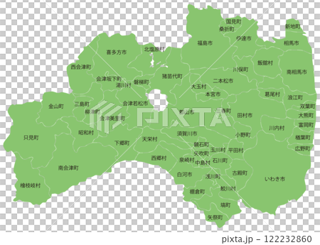 可分割的福島縣地圖，包含城市、城鎮和村莊名稱 122232860