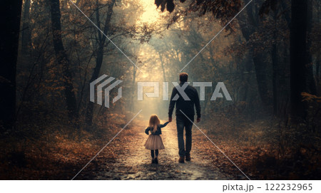 Stranger leading little child to the forest 122232965