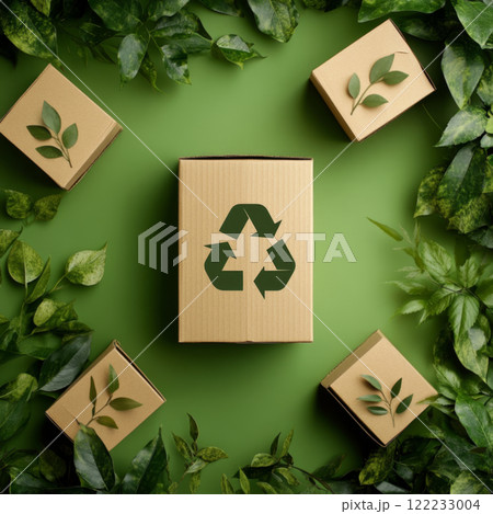 Cardboard Box with Recycling Symbol Surrounded by Greenery 122233004